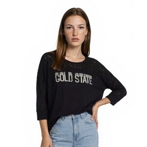 We The Free Top Women's Size Medium Black Gold Graphic Crochet Lace